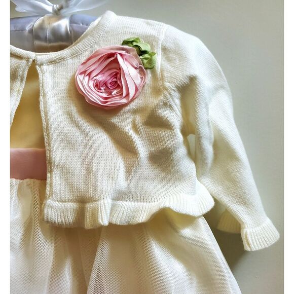 American Princess Dress 6M Tulle Roses-Leaves w/ Matching Cardigan Ivory 60400 - Picture 6 of 14
